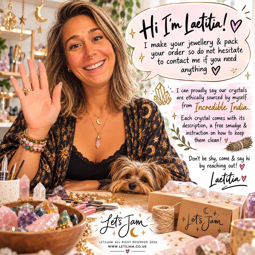 Laetitia waving at her workbench with her Yorkie and a bowl of raw crystals, explaining they are ethically sourced from India and come with a free smudge - Let's Jam, Camden Town