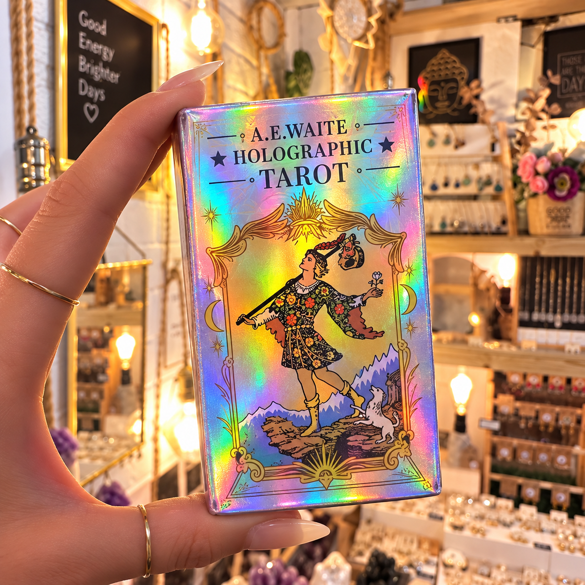Holographic A.E. Waite tarot deck box held in the shop - Let's Jam, Camden Town