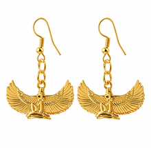 Load image into Gallery viewer, Pair of gold goddess Isis drop earrings on hooks - Let's Jam, Camden Town London