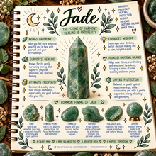 Load image into Gallery viewer, Jade crystal meaning infographic, the stone of harmony, healing and prosperity - Let's Jam, Camden Town
