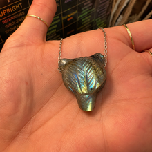 Load image into Gallery viewer, Hand carved labradorite bear head pendant held in the palm - Let's Jam, Camden Market London