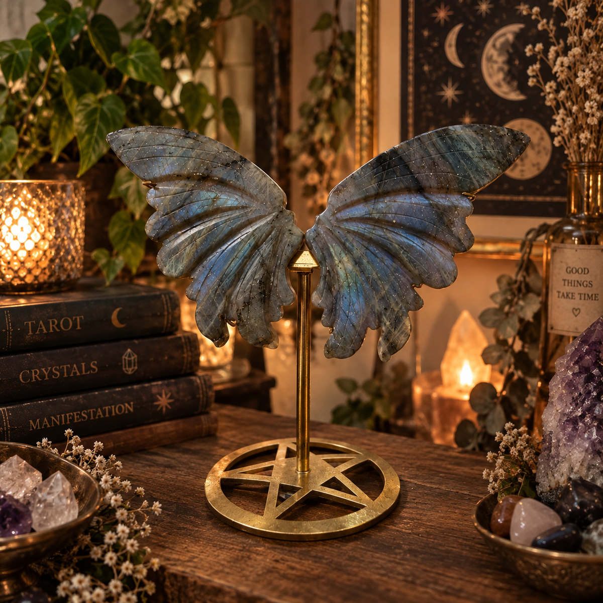 Hand-carved labradorite butterfly wings on a gold stand, flashing blue - Let's Jam, Camden Market