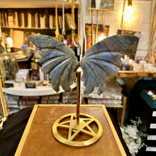 Load image into Gallery viewer, Front view of the carved labradorite butterfly on its stand - Let's Jam, Camden Town