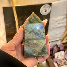 Load image into Gallery viewer, Labradorite obelisk showing its soft grey-green colour away from the light - Let's Jam, Camden Market London