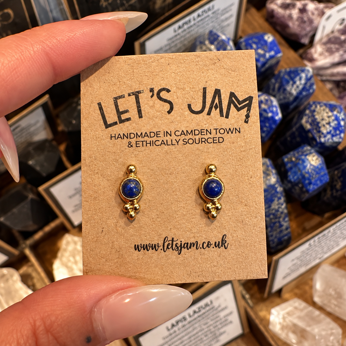 Lapis lazuli stud earrings on a gift card - Let's Jam, Camden Town