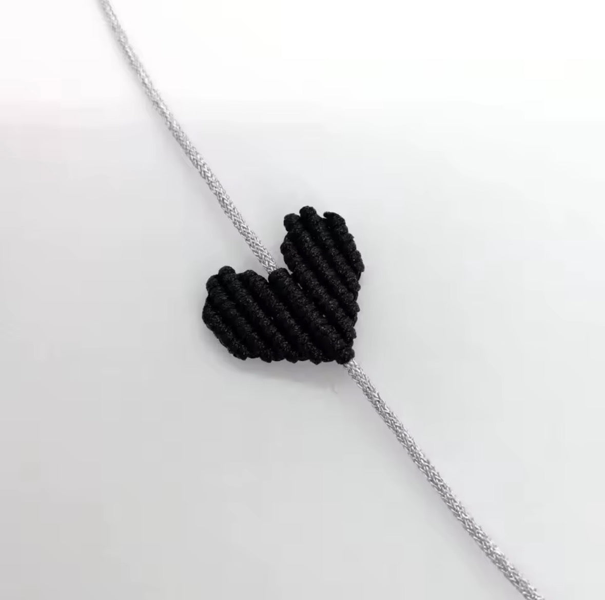 Black macramé heart bracelet on a silver cord - Let's Jam, Camden Town London