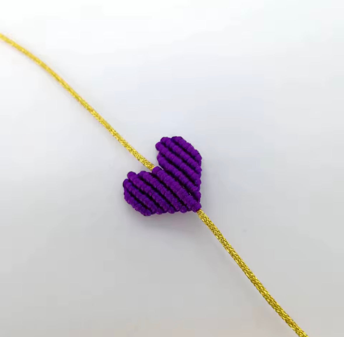 Purple macramé heart bracelet on a gold cord - Let's Jam, Camden Market