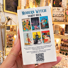 Load image into Gallery viewer, Back of the Modern Witch Tarot box with its QR code and sample cards - Let's Jam, Camden Town