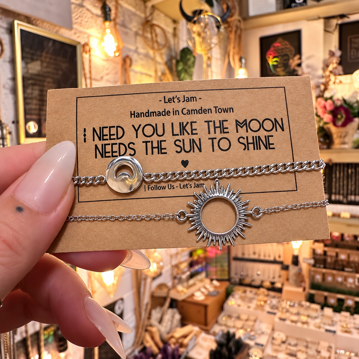 Sun and moon charm bracelets on an I Need You Like The Moon Needs The Sun To Shine card - Let's Jam, Camden Town