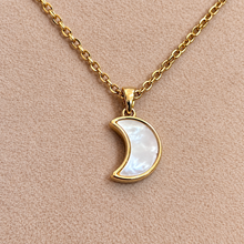 Load image into Gallery viewer, Gold framed mother of pearl crescent moon pendant on a chain - Let's Jam, Camden Market London