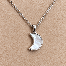 Load image into Gallery viewer, Silver framed mother of pearl crescent moon pendant on a chain - Let's Jam, Camden Town London
