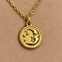 Load image into Gallery viewer, Gold moon face medal pendant on a chain - Let's Jam, Camden Market, London