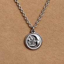 Load image into Gallery viewer, Silver moon face medal pendant on a chain - Let's Jam, Camden Town London