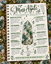Load image into Gallery viewer, Moss agate crystal meaning infographic, the stone of new beginnings, growth & abundance - Let's Jam, Camden Town