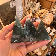 Load image into Gallery viewer, Moss agate crystal tower number one, green mossy markings through the stone - Let's Jam, Camden Town