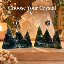 Load image into Gallery viewer, Pair of polished moss agate crystal towers standing side by side - Let's Jam, Camden Market