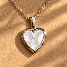 Load image into Gallery viewer, Silver mother of pearl heart locket on a chain - Let's Jam, Camden Town
