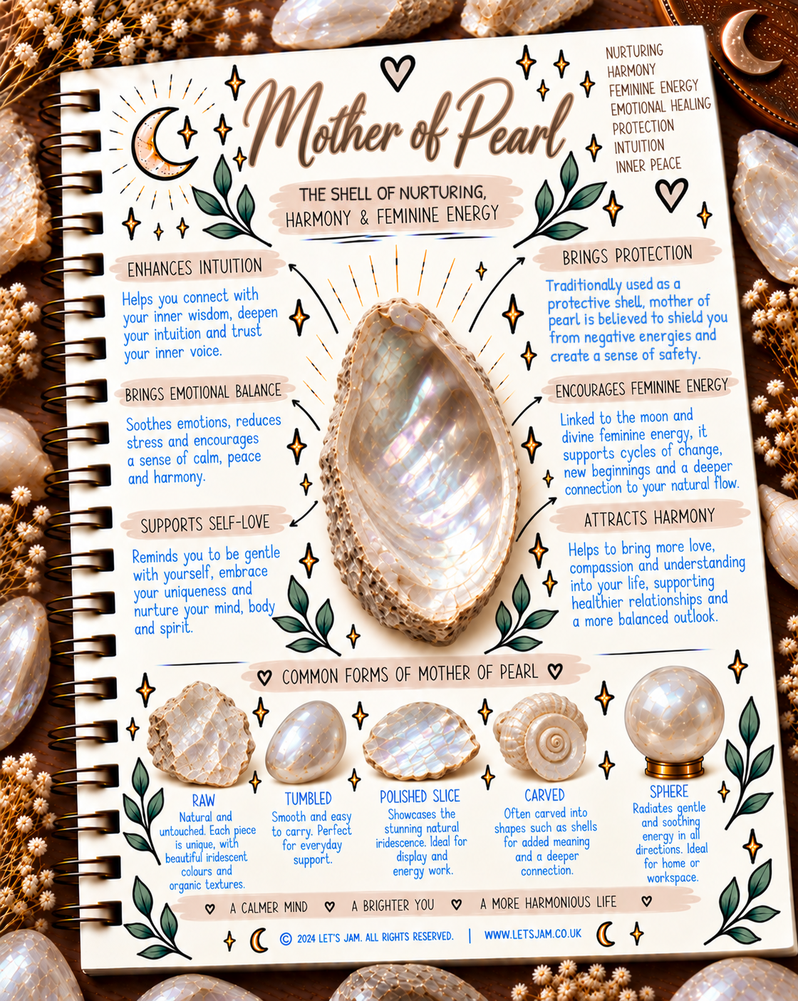 Mother of pearl meaning infographic, the shell of nurturing, harmony & feminine energy - Let's Jam, Camden Town London