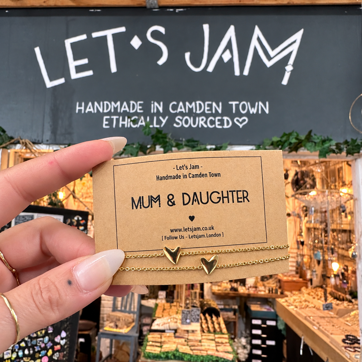 Two gold chain bracelets with heart charms on a Let's Jam "Mum & Daughter" card - Let's Jam, Camden Market, London