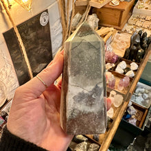 Load image into Gallery viewer, Ocean jasper tower with sparkling druzy pockets held in the hand - Let's Jam, Camden Town
