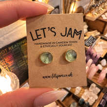 Load image into Gallery viewer, Green prehnite stud earrings on a card - Let's Jam, Camden Market