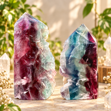 Load image into Gallery viewer, Matching pair of rainbow fluorite towers in purple, green and blue - Let's Jam, Camden Market