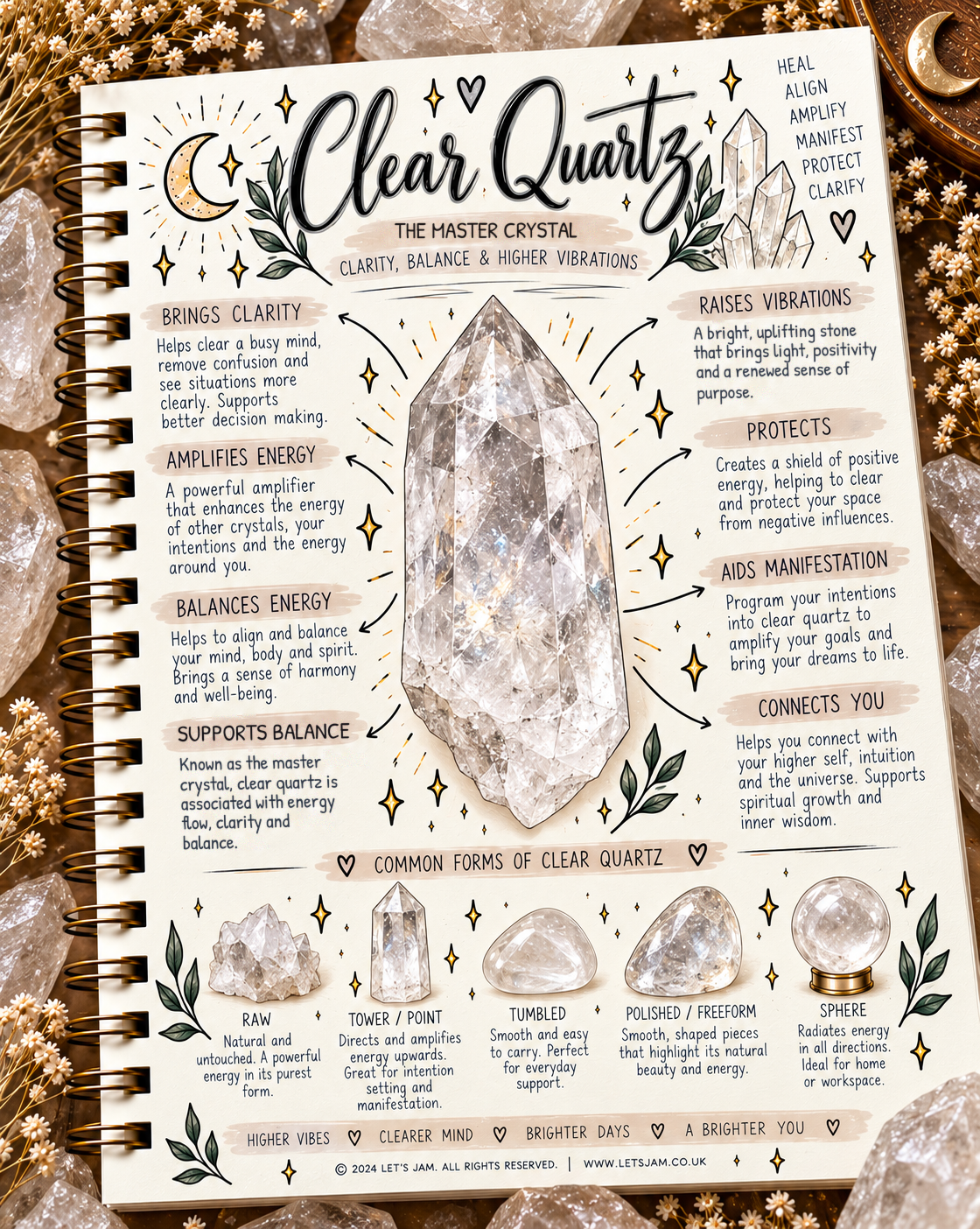 Clear quartz crystal meaning infographic, the master crystal of clarity, balance & higher vibrations - Let's Jam, Camden Town London