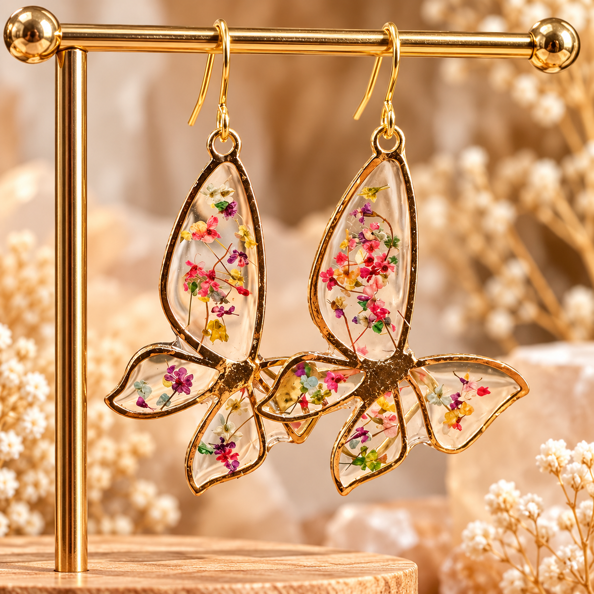 Butterfly resin earrings filled with tiny real pink and purple flowers on a gold stand - Let's Jam, Camden Town London