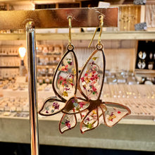 Load image into Gallery viewer, Butterfly resin earrings filled with real pink and multi-coloured flowers - Let's Jam, Camden Town London