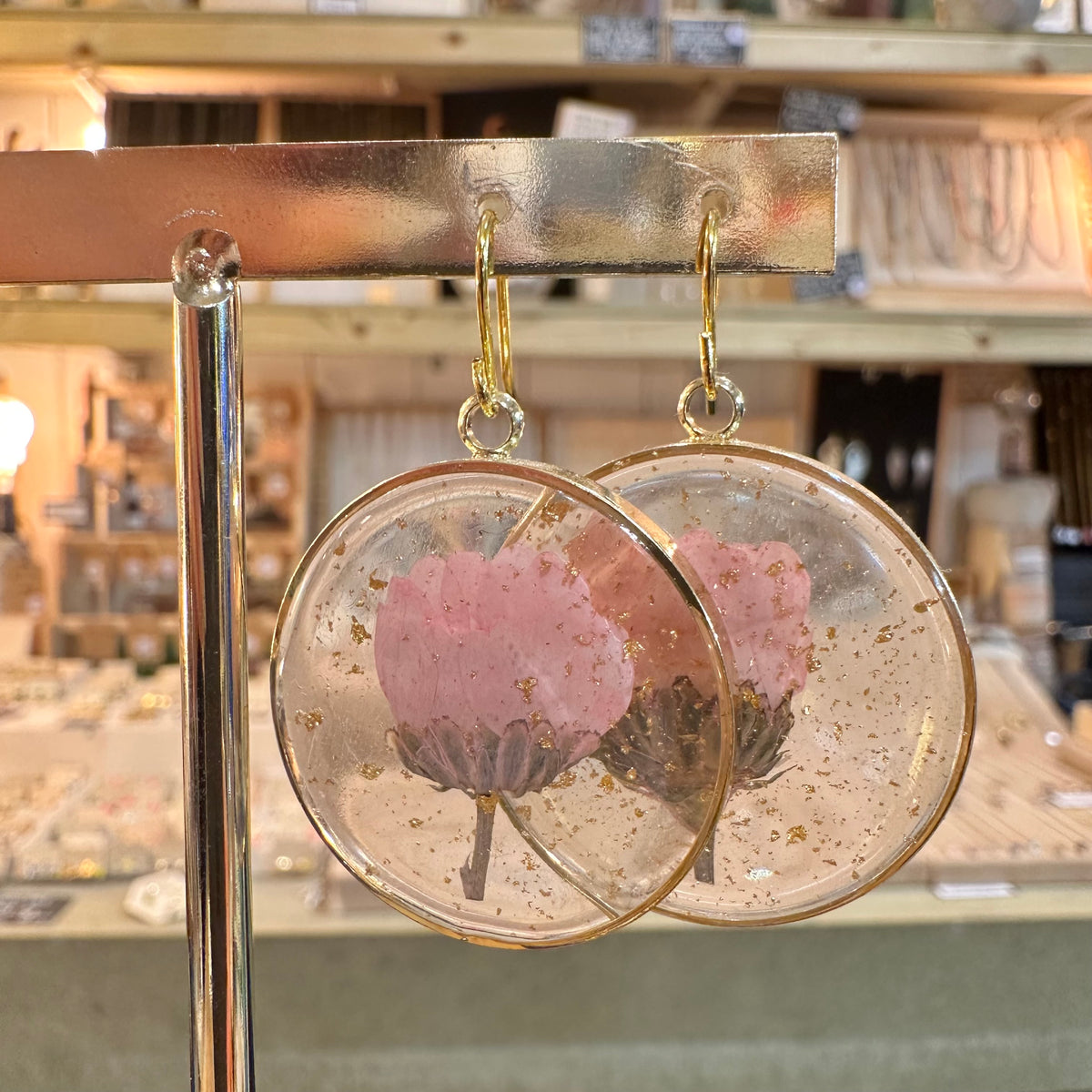 Round resin earrings with real pink flowers - Let's Jam, Camden Market, London
