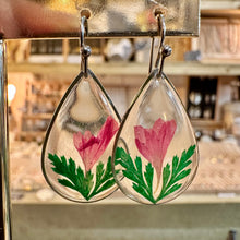 Load image into Gallery viewer, Teardrop resin earrings with a real pink-red flower and green leaves - Let's Jam, Camden Market