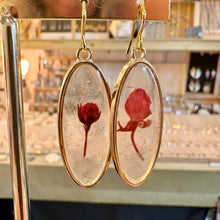 Load image into Gallery viewer, Oval resin earrings with a single real red flower - Let's Jam, Camden Town