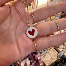 Load image into Gallery viewer, Round white ceramic pendant hand painted with a red heart in the hand - Let's Jam, Camden Town