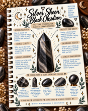 Load image into Gallery viewer, Silver sheen black obsidian crystal meaning infographic, the stone of protection, clarity & transformation - Let's Jam, Camden Town London
