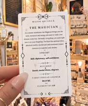 Load image into Gallery viewer, The Magician card with its upright and reversed meanings written out - Let's Jam, Camden Town