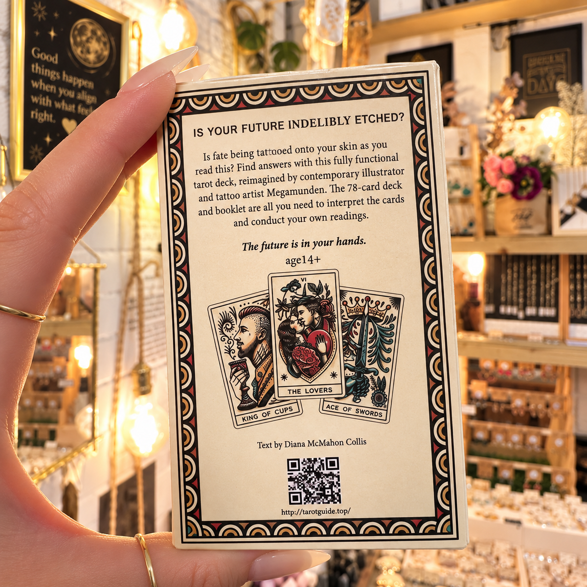Back of the Tattoo Tarot box with its QR code and a sample spread - Let's Jam, Camden Town