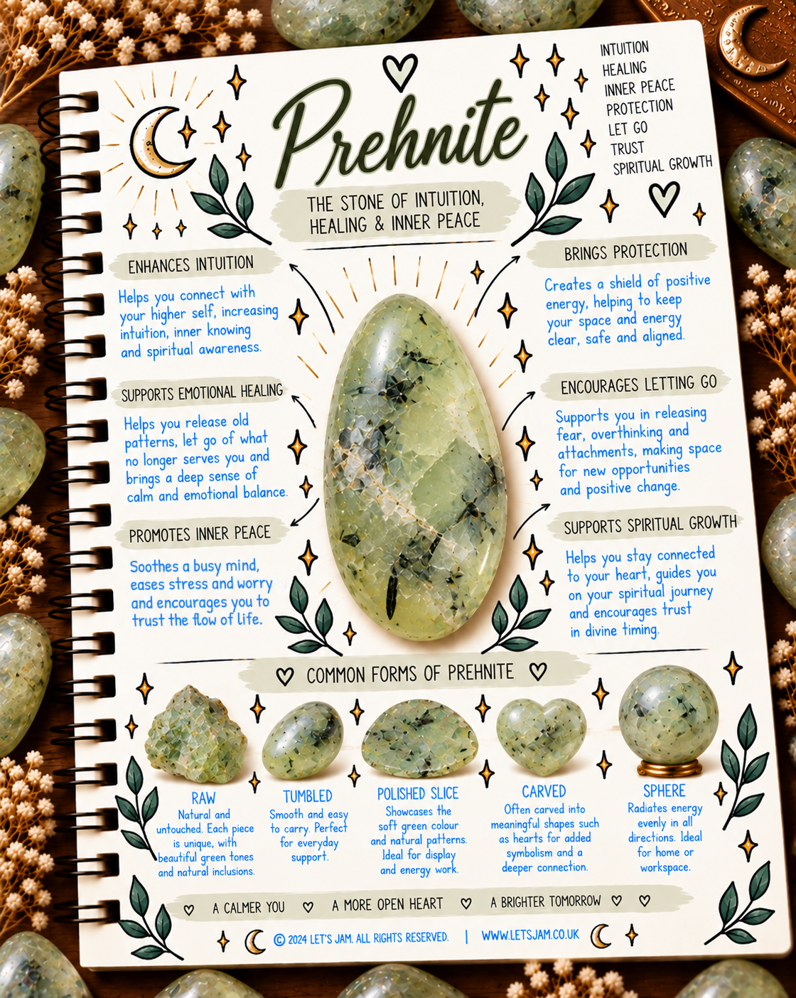 Prehnite crystal meaning infographic - Let's Jam jewellery, Camden Town