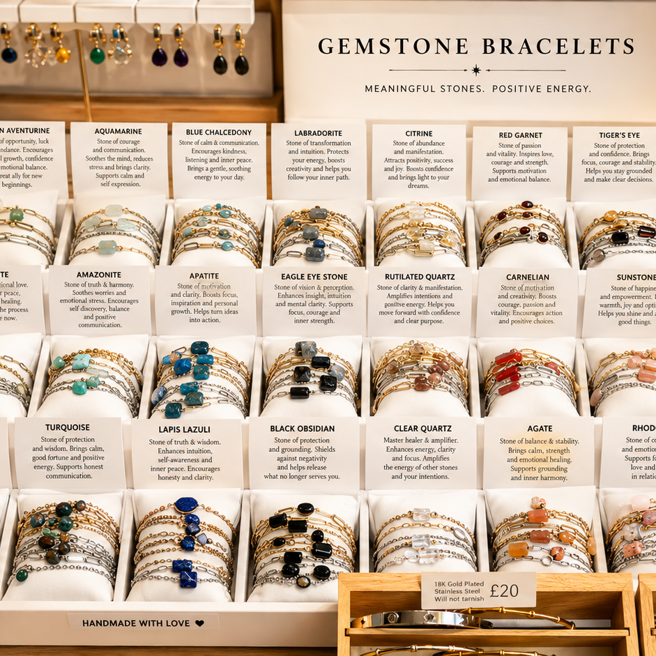 Gemstone bracelet display with a card for every stone, £20 each - Let's Jam, Camden Market