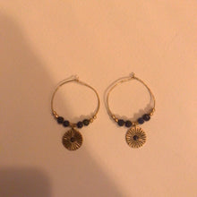 Load image into Gallery viewer, Gold brass hoop earrings with lapis lazuli beads and a sunburst charm pendant - Let's Jam jewellery collection