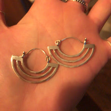 Load image into Gallery viewer, Silver hoop earrings with layered tiered fan design, ethnic style - Let's Jam jewellery collection