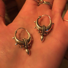 Load image into Gallery viewer, Silver crescent hoop earrings with beaded rope trim and teardrop dangle - Let's Jam jewellery collection