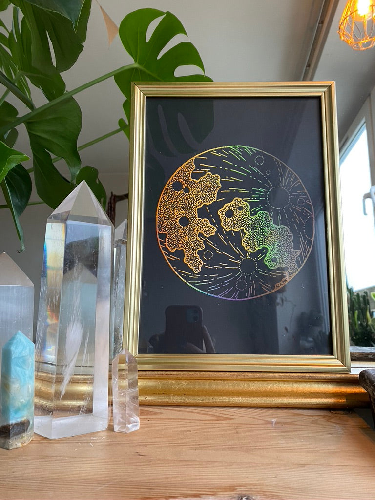 Stippled moon print with sunburst rays in rainbow holographic foil - Let's Jam art prints, Camden Market