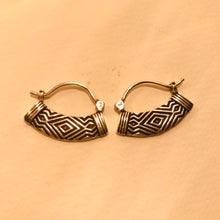 Load image into Gallery viewer, Silver crescent hoop earrings with tribal geometric zigzag engraving - Let's Jam jewellery collection