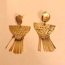 Load image into Gallery viewer, Gold hammered fan-shaped drop earrings with dangling tassel fringe, photographed on a plain background - Let's Jam jewellery collection
