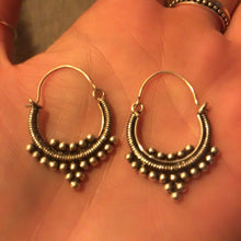Load image into Gallery viewer, Antique gold hoop earrings with wire-wrap texture and beaded ball fringe - Let's Jam jewellery collection