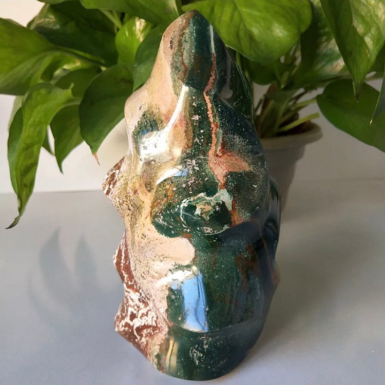 Green and pink jasper point turned to show its natural earthy banding - Let's Jam crystal shop, Camden Town