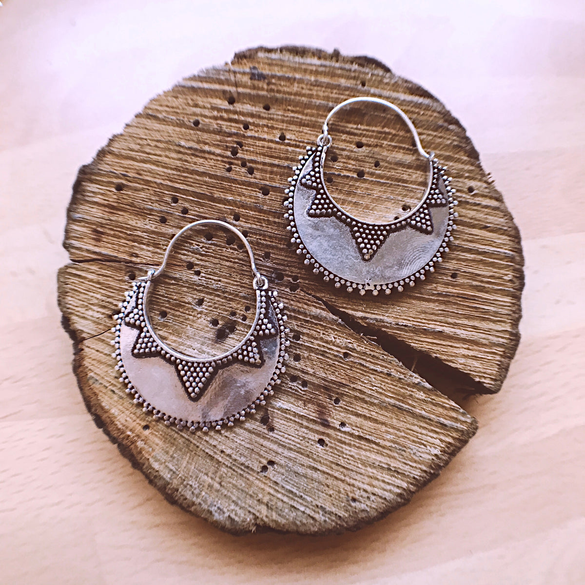 Silver crescent moon earrings with dotted beaded border, ethnic-inspired design - Let's Jam jewellery collection