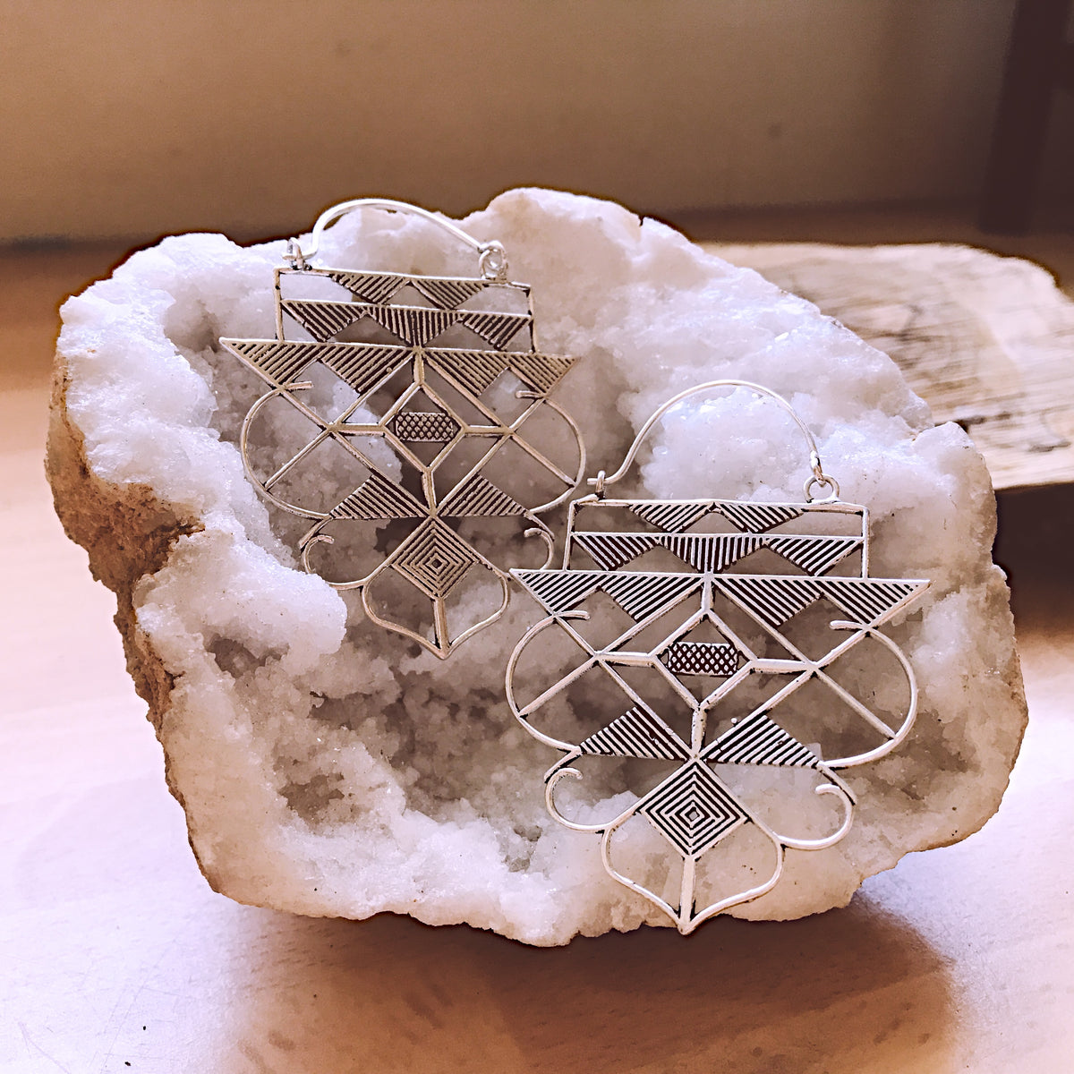 Gold geometric drop earrings with etched triangular patterns - Let's Jam, Camden Market, London
