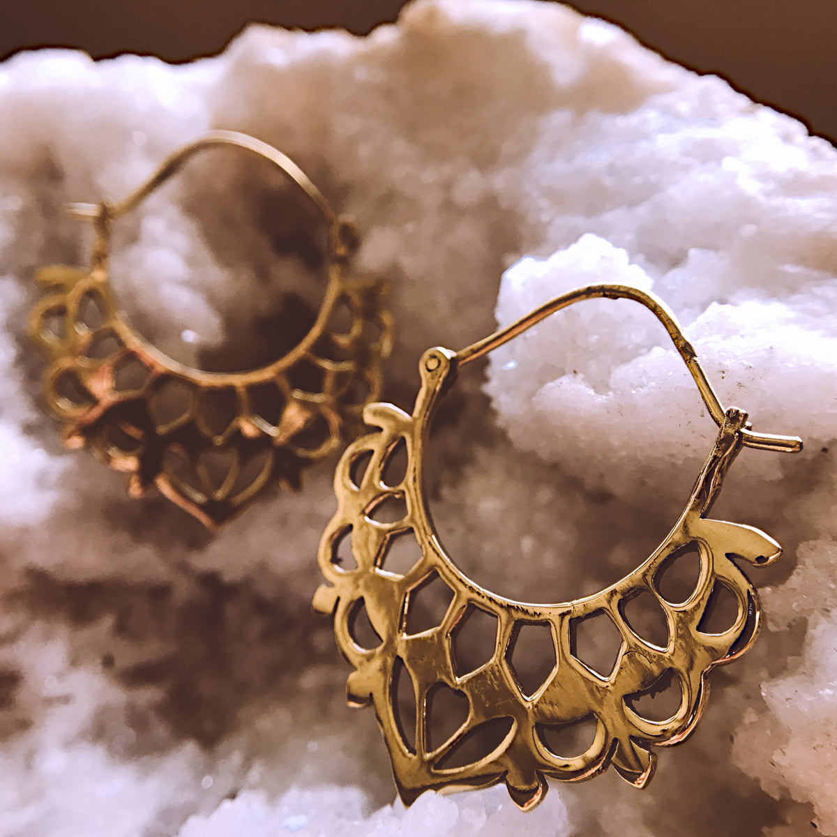 Gold hoop earrings with lace-like heart cutwork trim - Let's Jam jewellery collection