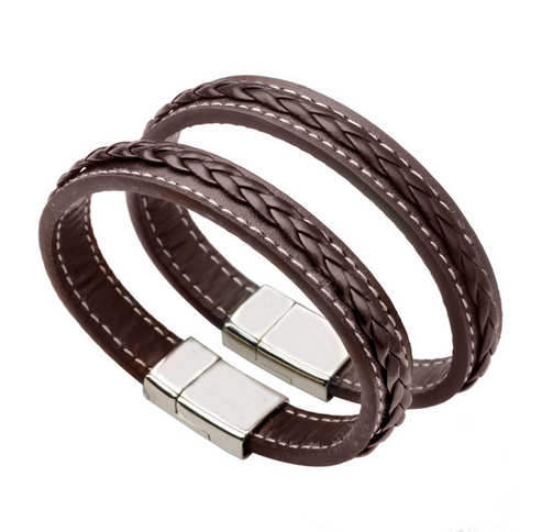 Brown braided vegan leather men's bracelet laid out full length - Let's Jam, Camden Market London